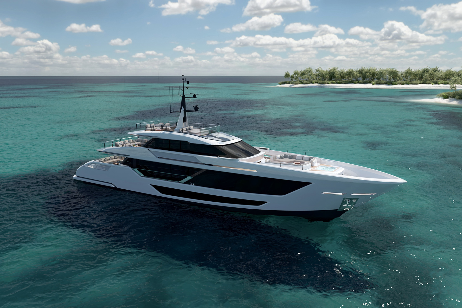 Custom Line Saetta 128': elegance and spaciousness on three decks, exclusive design and ultimate liveability.